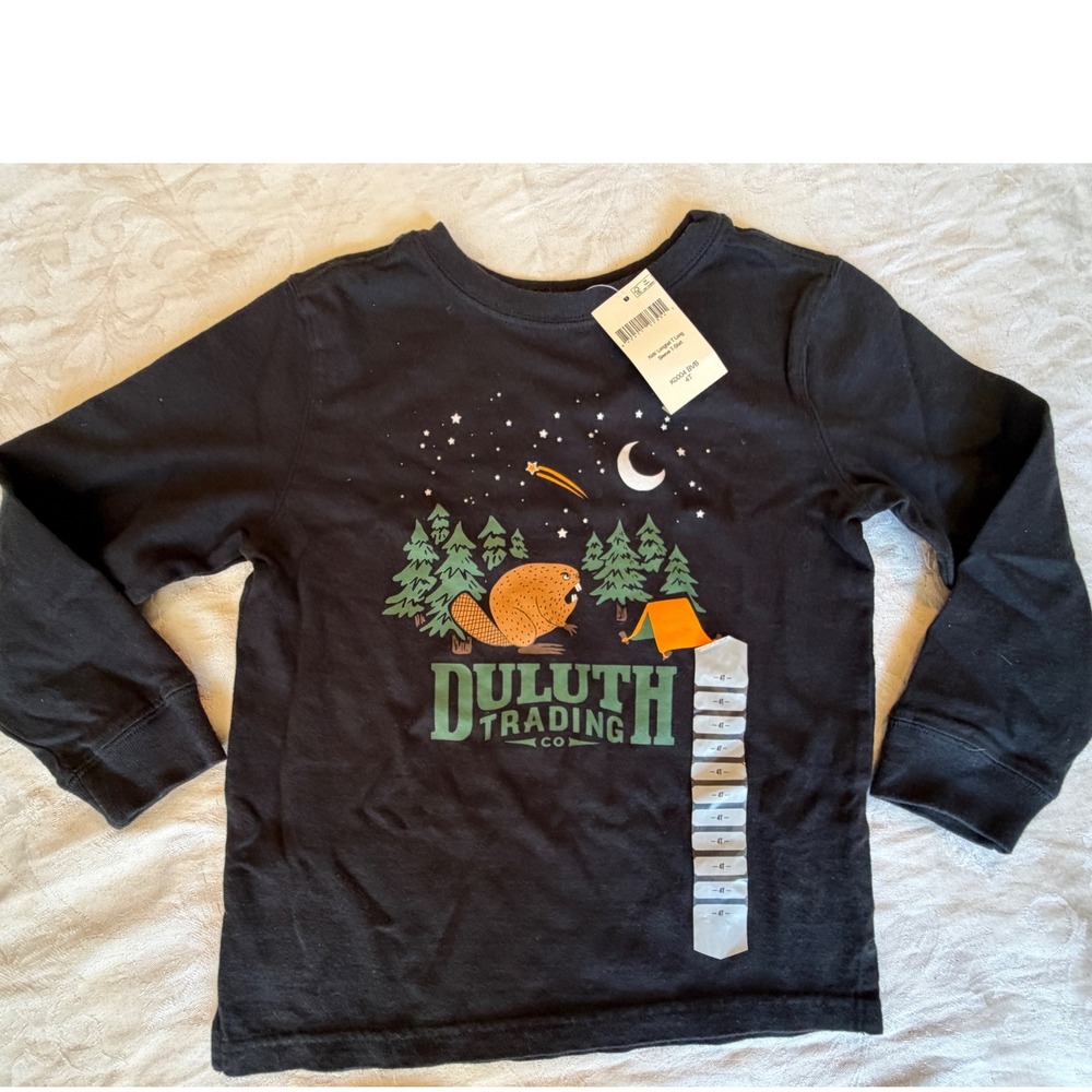 Duluth Trading Co Longtail T Long Sleeve Shirt Kids 4T Black NWT Beaver Camping